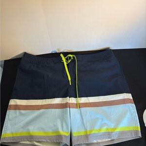 Men's Navy and Light Blue Swim Shorts with Neon Drawstring